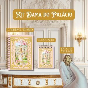 kit caderno vintage bloco de anotações e broche camafeu bridgerton