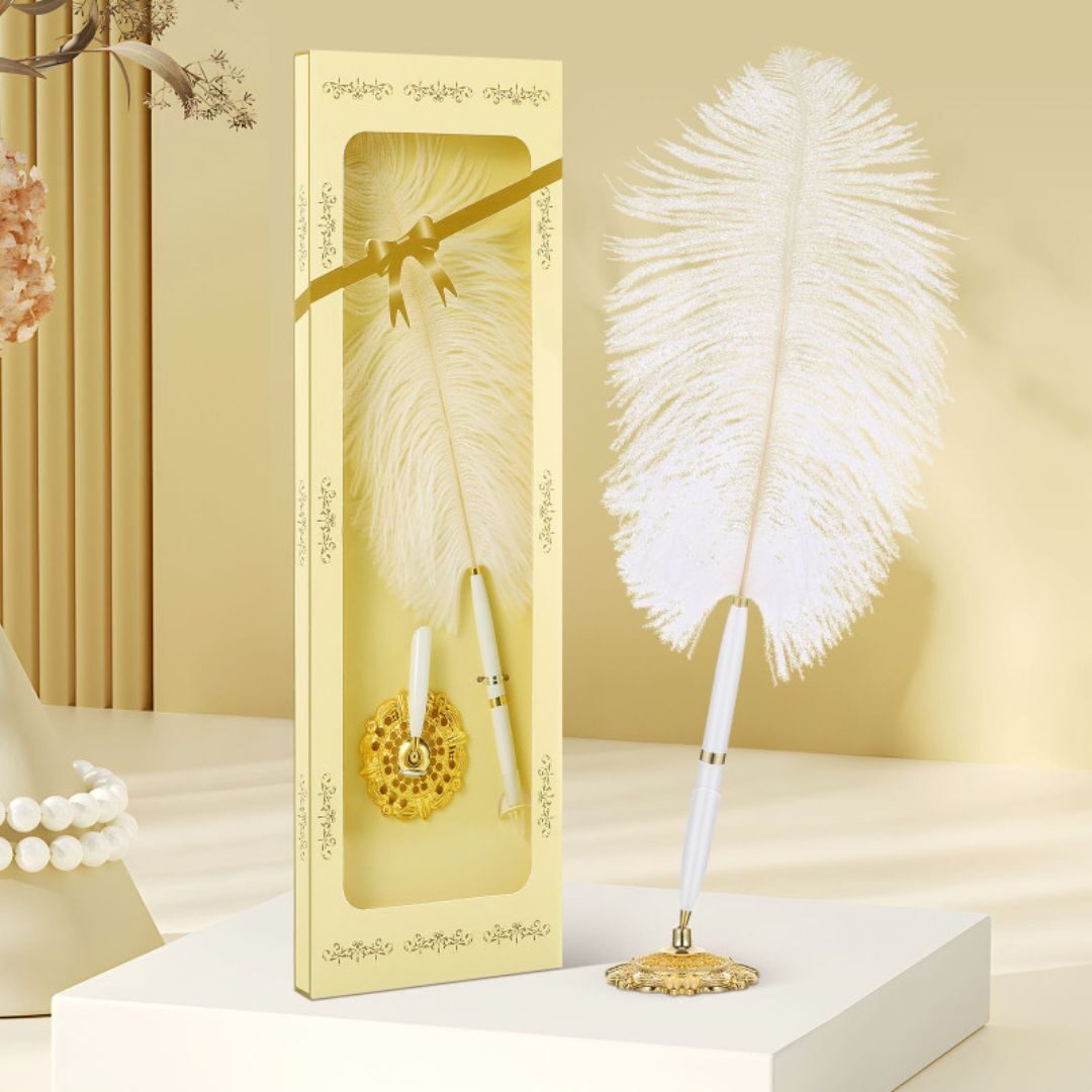 caneta pena pluma vintage luxo elegante casamento bridgerton evento assinatura branca dourada