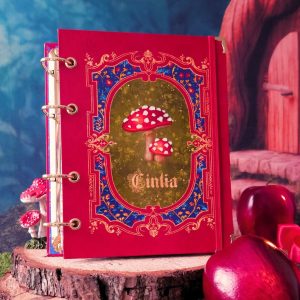 Fichário_caderno_argolado_branca_de_neve_capa_vermelha_azul_dourada_maçã_vintage_medieval_princesa_contos_fada