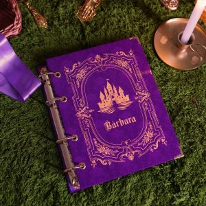 Fichário_caderno_argolado_rainha_branca_de_neve_capa_vermelha_azul_dourada_maçã_vintage_medieval_princesa_contos_fada
