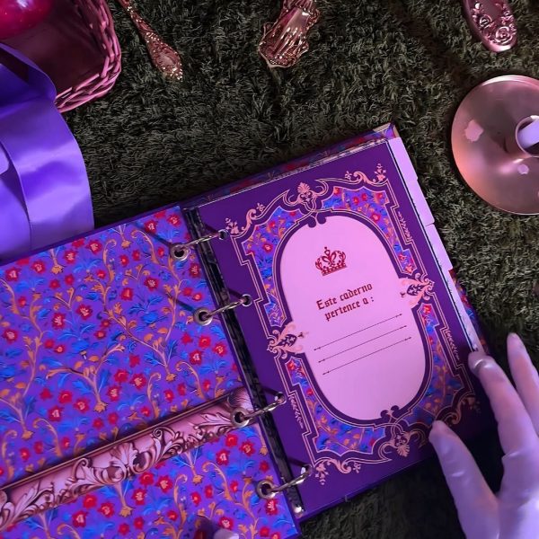 Fichário_caderno_argolado_rainha_branca_de_neve_capa_vermelha_azul_dourada_maçã_vintage_medieval_princesa_contos_fada