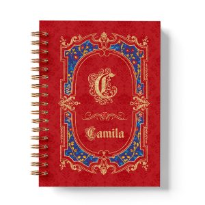 Caderno_branca_de_neve_capa_vermelha_azul_dourada_maçã_vintage_medieval_princesa_contos_fada