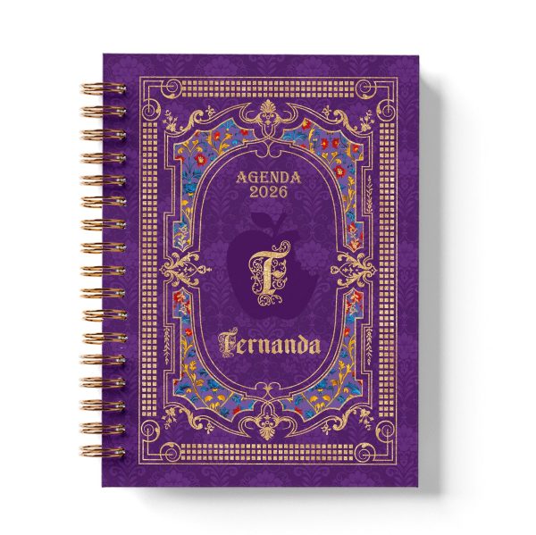 agenda_branca_de_neve_rainha_capa_roxa_dourada_maçã_vintage_medieval_princesa_contos_fada