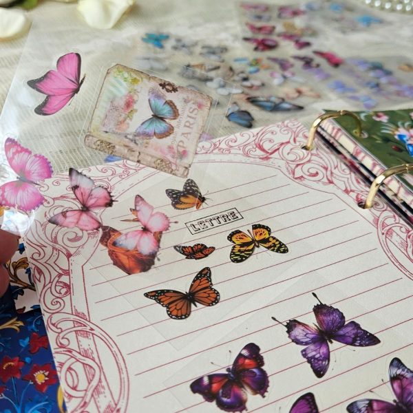 caixa cartelas adesivos vintage feminino boorboletas scrapbook