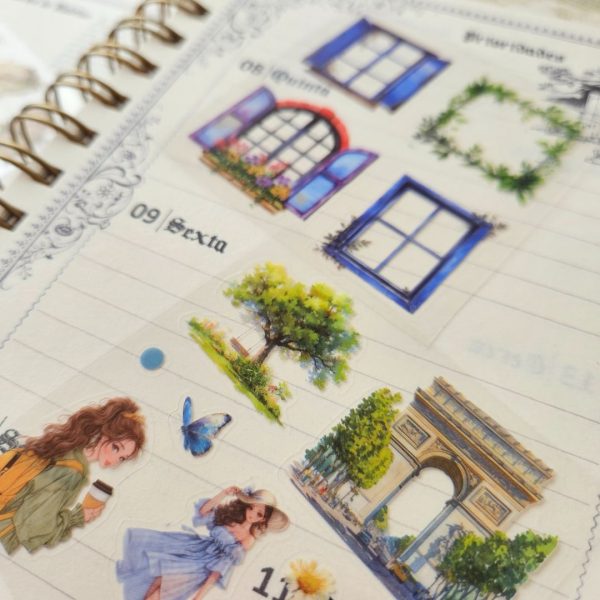 caixa cartelas adesivos vintage feminino mulheres camponesa flores molduras scrapbook