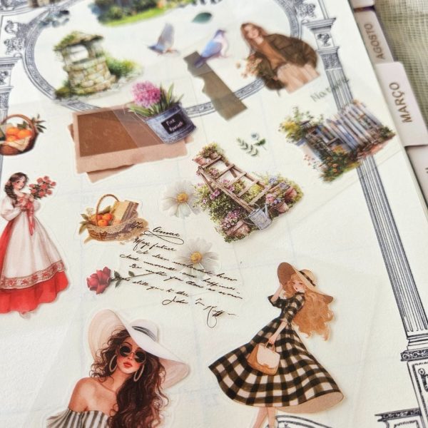 caixa cartelas adesivos vintage feminino mulheres camponesa flores molduras scrapbook
